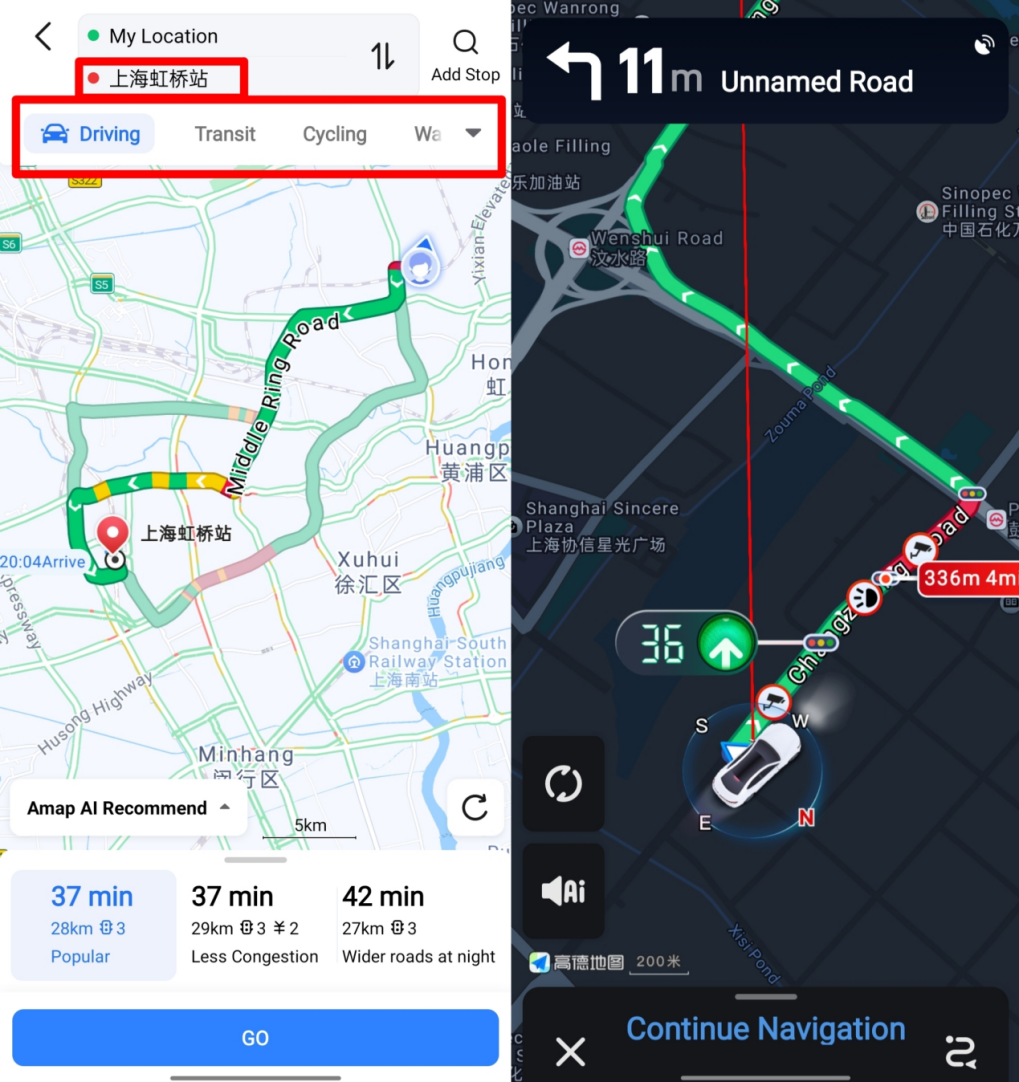 AMap Global search and route results